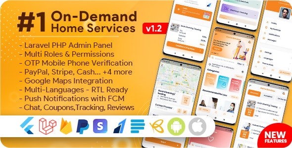 On-Demand Home Services v3.0.0  - 企业列表、带有管理面板的杂工预订