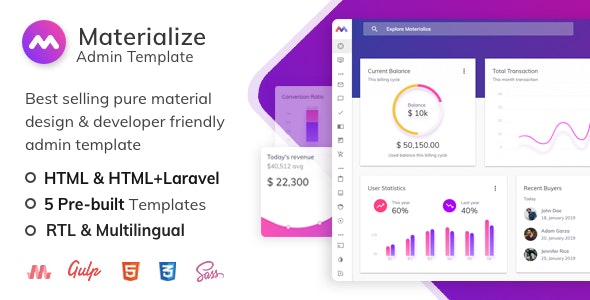 Materialize v12.6.0 - HTML 和 Laravel 材料设计管理模板插图