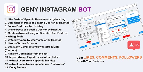 GENY instagram bot V4.0.1 - 获得更多 Instagram 追随者，立即增加您的追随者