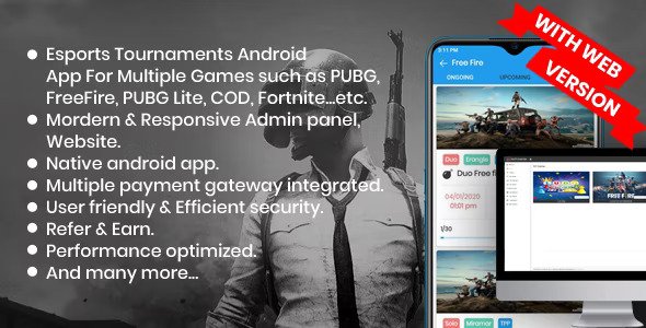 BattleMania With Web version v5.0 – 带有 PUBG / Free Fire / COD 网站和管理面板的锦标赛应用程序插图