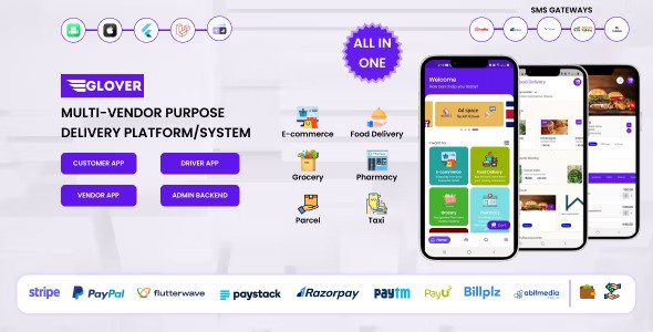 Glover v1.7.5.0 – 杂货、食品、药房快递和服务提供商 + 后端 + 司机和供应商应用程序