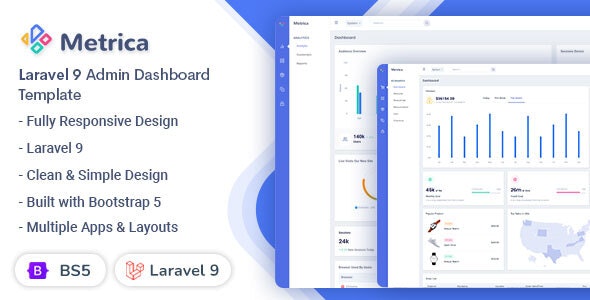 Metrica v3.1.0 - Laravel 9 管理和仪表板模板