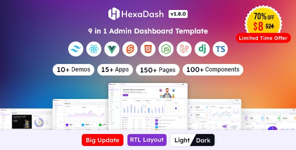 HexaDash v1.8.7 - Tailwind CSS, React, Svelte, Vue, Laravel, Nodejs, Django & HTML Admin Dashboard Template