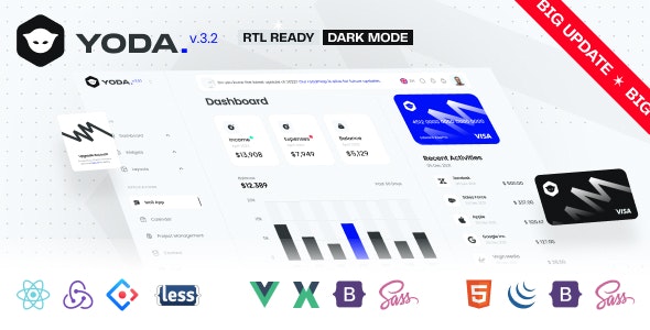 Yoda v3.2 - Bootstrap 5 HTML、Vue、React 管理仪表板模板插图