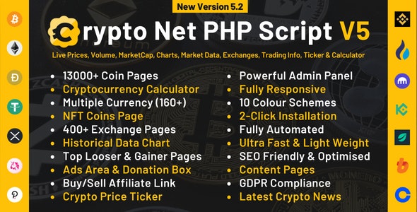 Crypto Net V5.5 - Coinmarketcap, Prices, Chart, Exchanges, Crypto Tracker, Calculator & Ticker Php Script