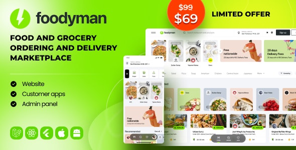 Foodyman v2024-22 - Multi-Restaurant Food & Grocery Ordering and Delivery Marketplace (Web & Customer Apps)