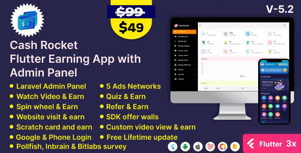 Cash Rocket v5.4 – Flutter Online Earning App with Admin Panel插图