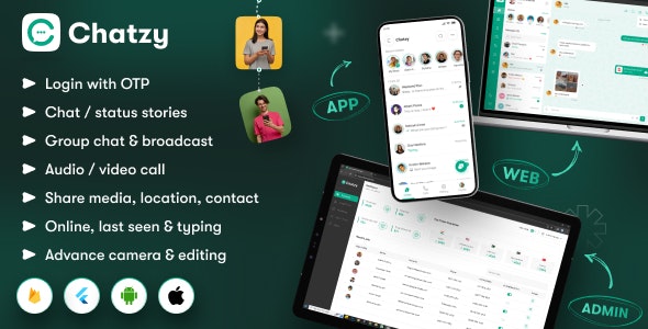 Chatzy v1.0.11 - Whatsap Clone Chat & Call App | User App | Web App | Admin App | Inapp Subscription