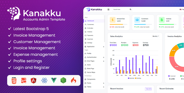 Kanakku v2.0.4 - 使用 RTL 的销售、发票和帐户管理模板（HTML5、React、Laravel、Vue、Angular）